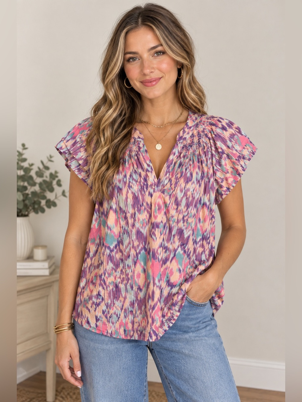 Tart Printed Short-Sleeve V-Neck Blouse in Purple & Pink